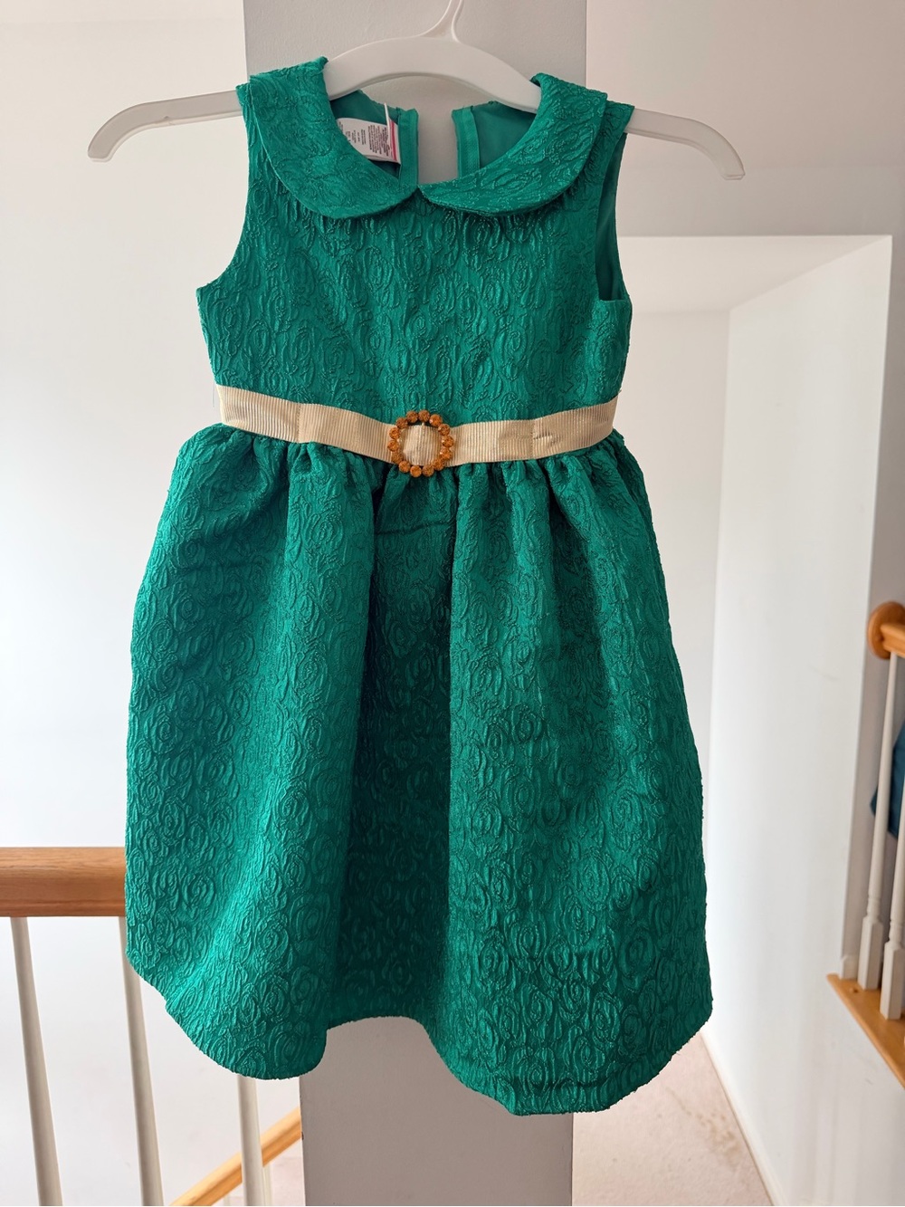 5T Girls' Emerald Green Textured Party Dress with Ivory Waistband